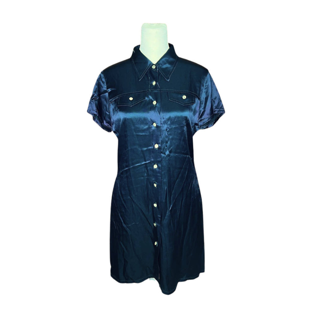 Vtg Y2K Byer Too Dress Navy Satin Shiny Pearl Buttons Office Siren Indie Grunge